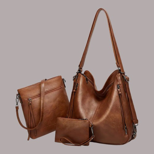 Set Of 3 Brown Light Weight Pu Leather Handbag Combo For Women