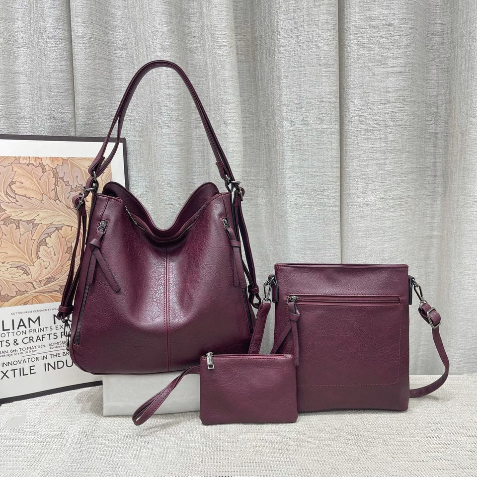 Set Of 3 Wine Red Light Weight Pu Leather Handbag Combo For Women