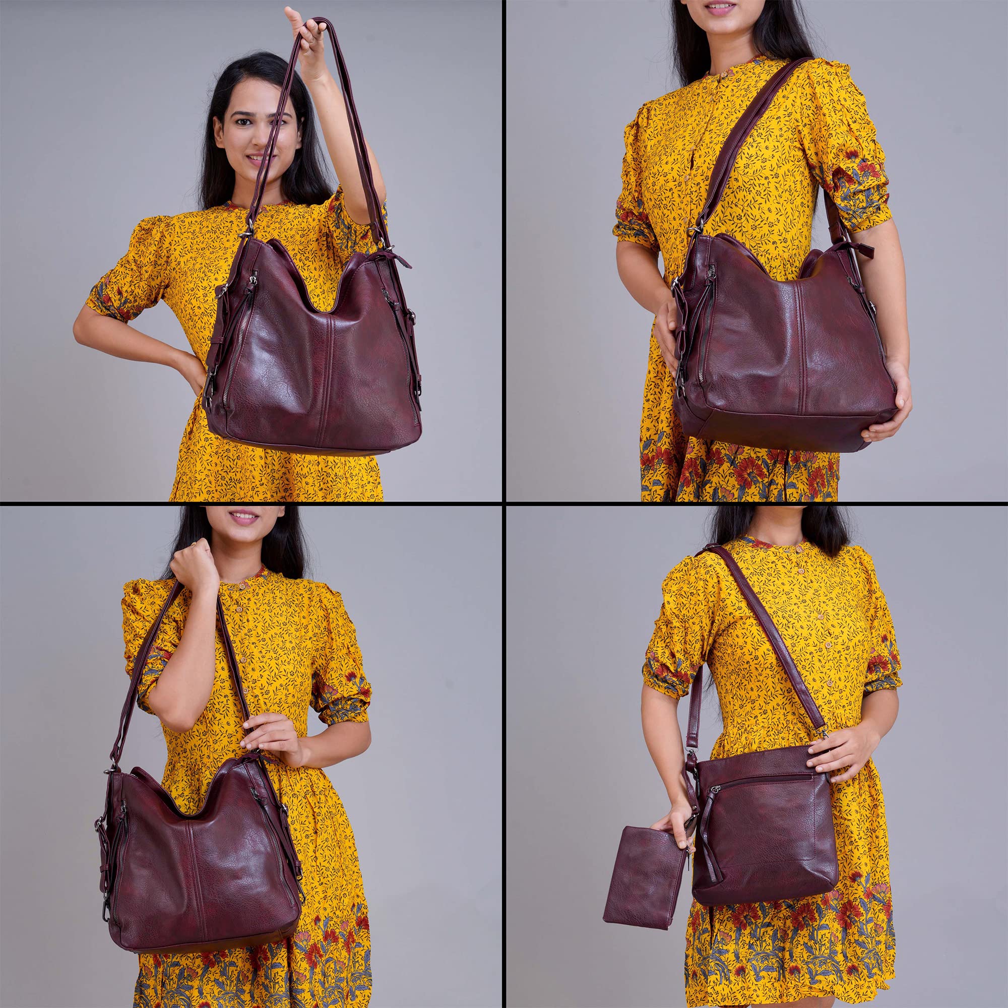 Set Of 3 Wine Red Light Weight Pu Leather Handbag Combo For Women
