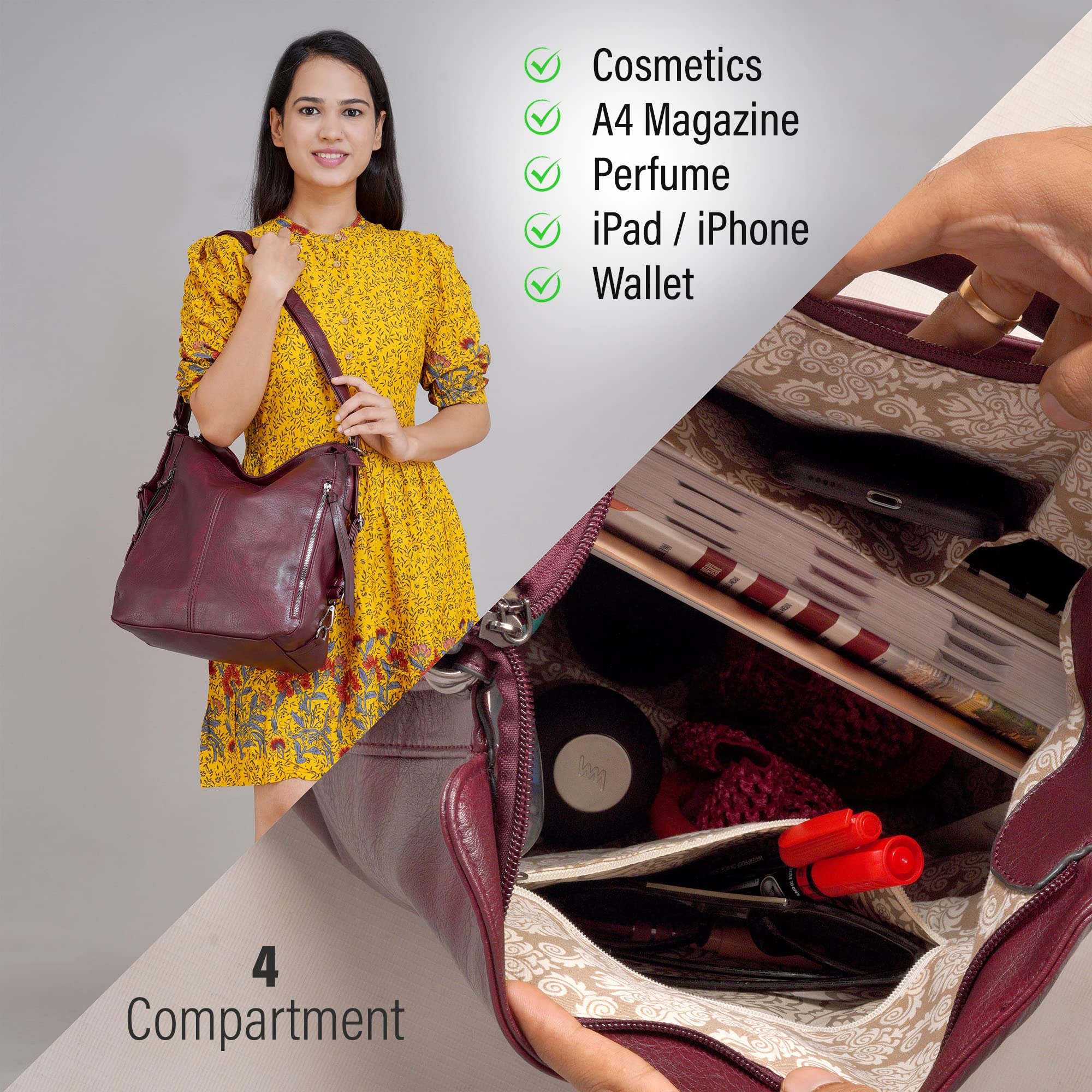 Set Of 3 Wine Red Light Weight Pu Leather Handbag Combo For Women