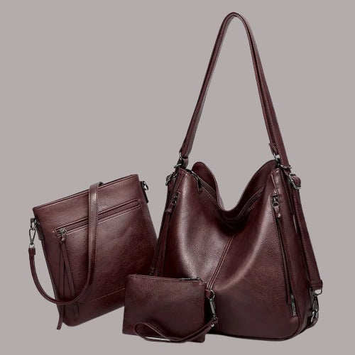 Set Of 3 Wine Red Light Weight Pu Leather Handbag Combo For Women
