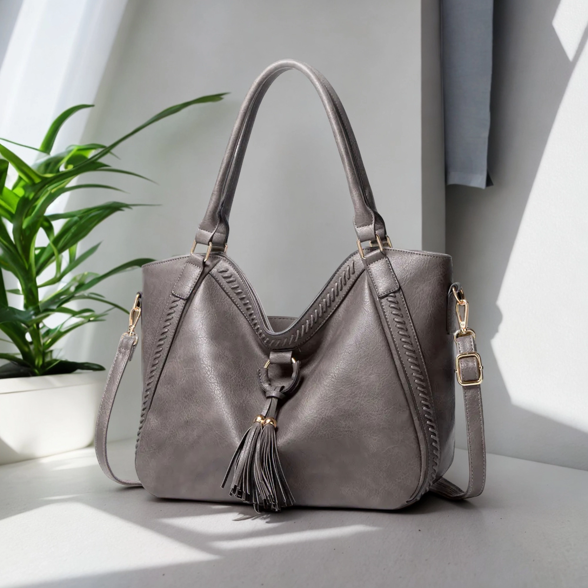 Dark Grey Light Weight Pu Leather Tote Bag For Women