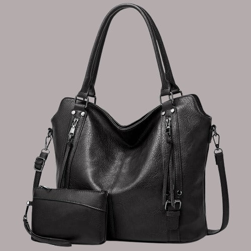 Set Of 2 Black Light Weight Pu Leather Handbag For Women