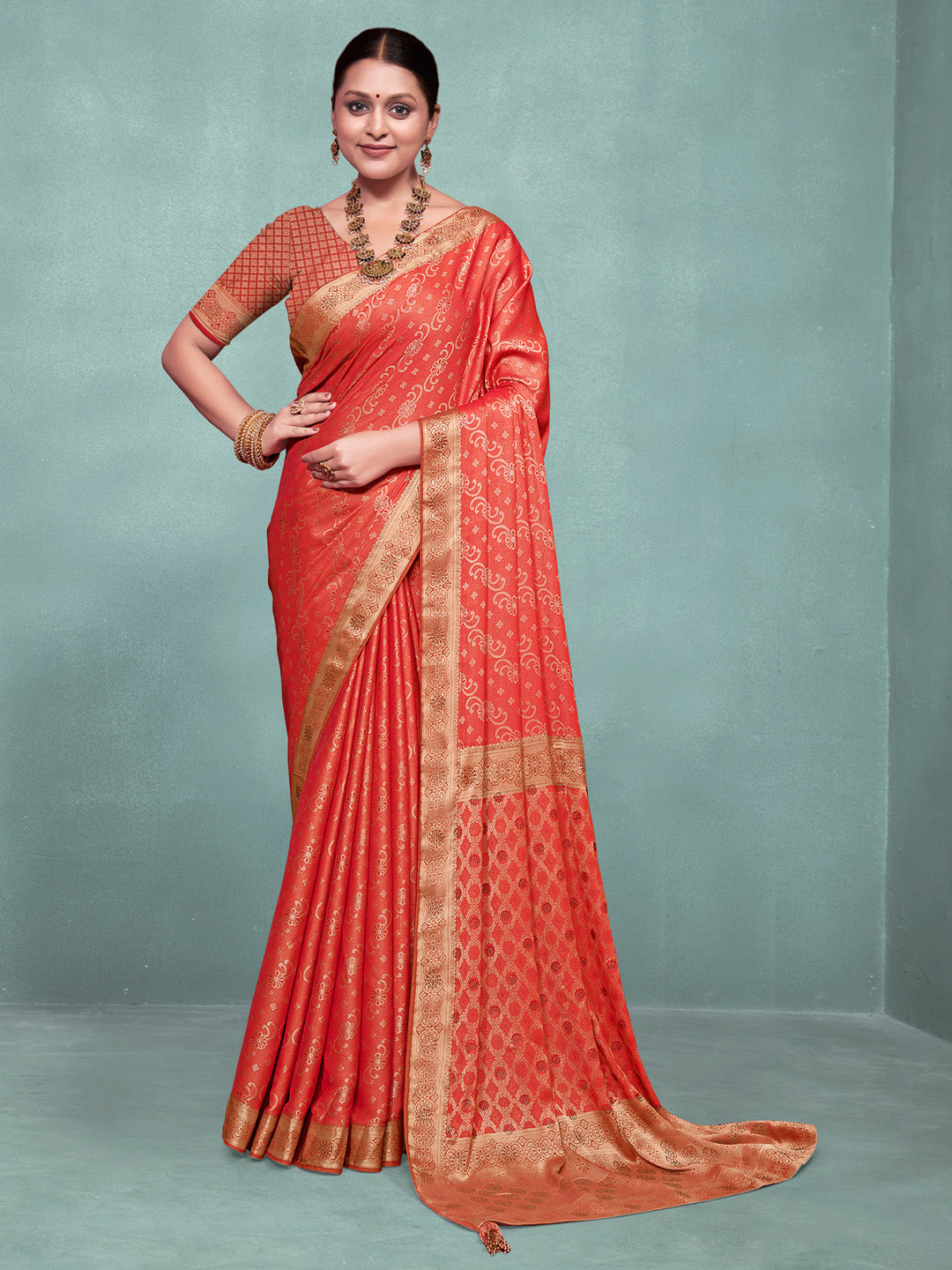 Pure Silk Orange Woven Design Designer Saree With Blouse