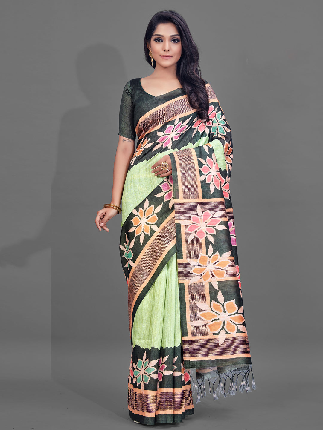 Manipuri Silk Green Digital Print Designer Saree With Blouse