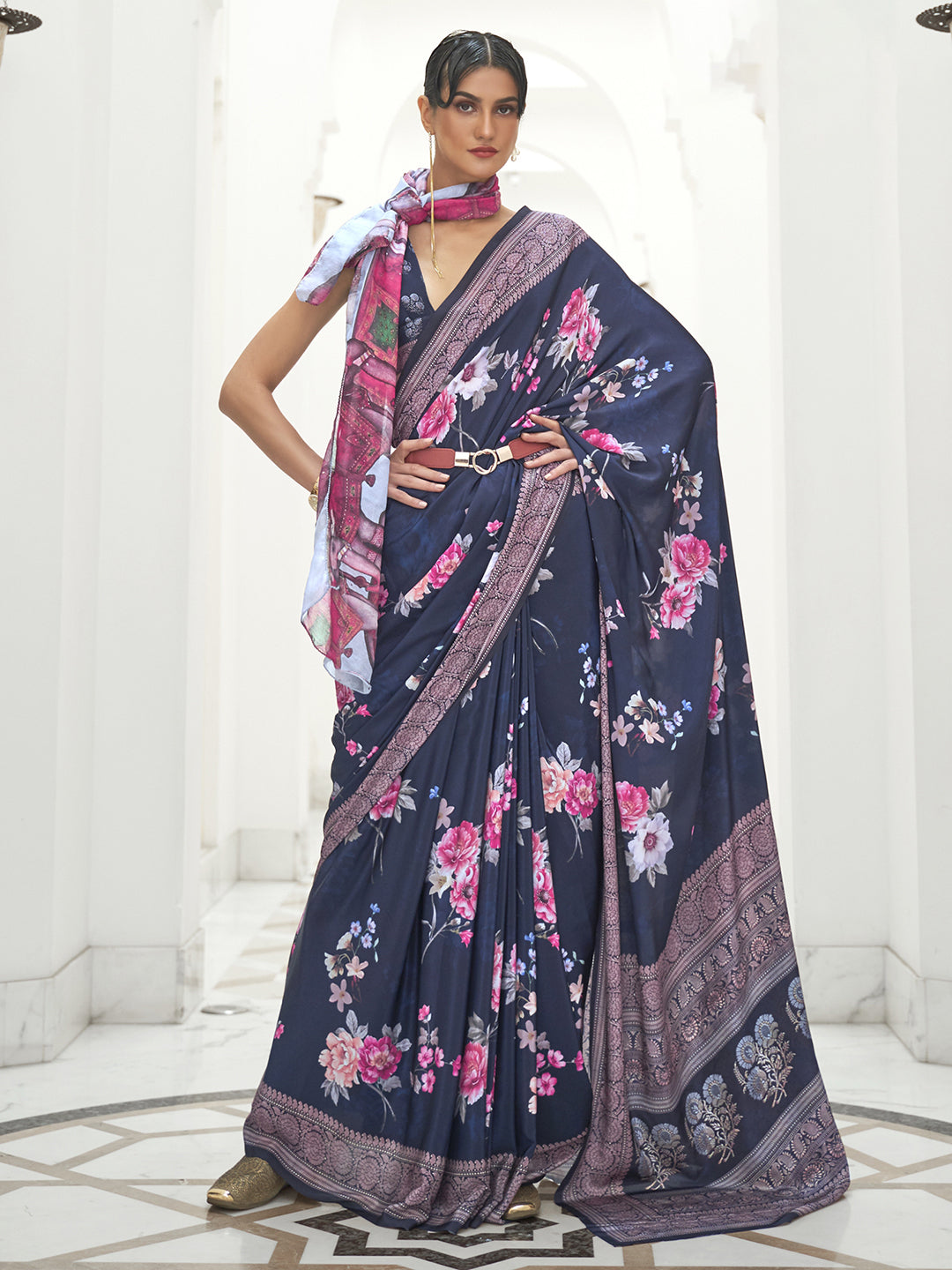 Crepe Navy Blue Digital Print Celebrity Saree With Blouse