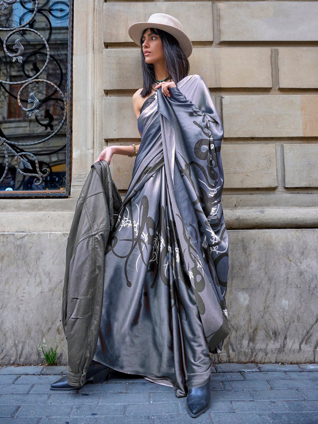 Satin Grey Printed Designer Saree With Blouse