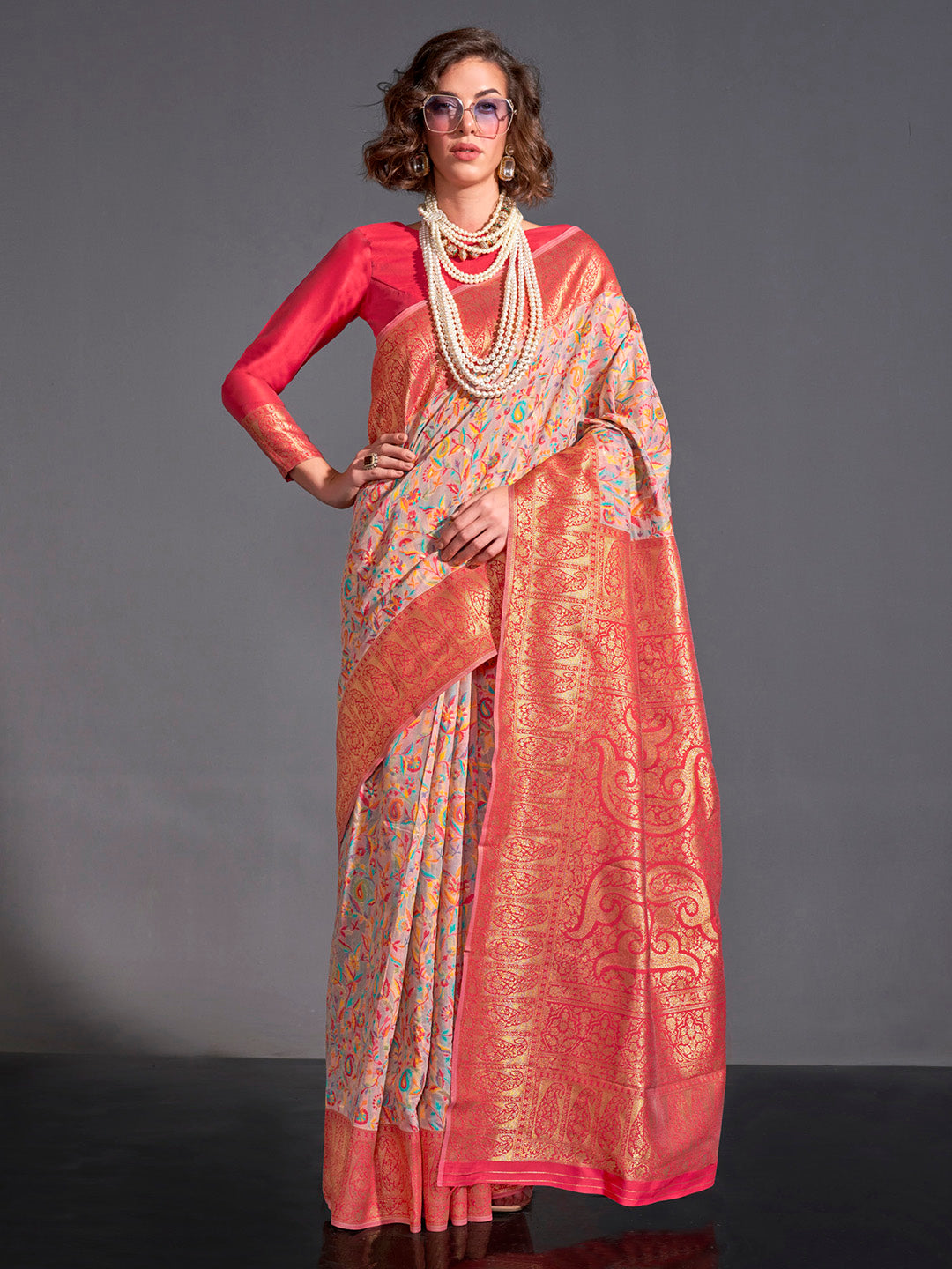 Silk Blend Beige Woven Design Designer Saree With Blouse