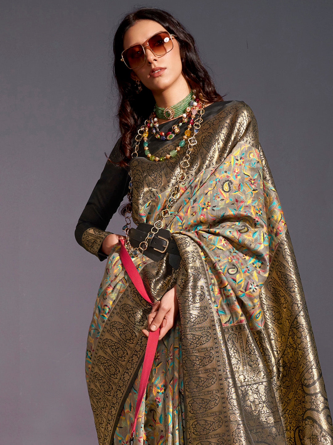 Silk Blend Grey Woven Design Designer Saree With Blouse