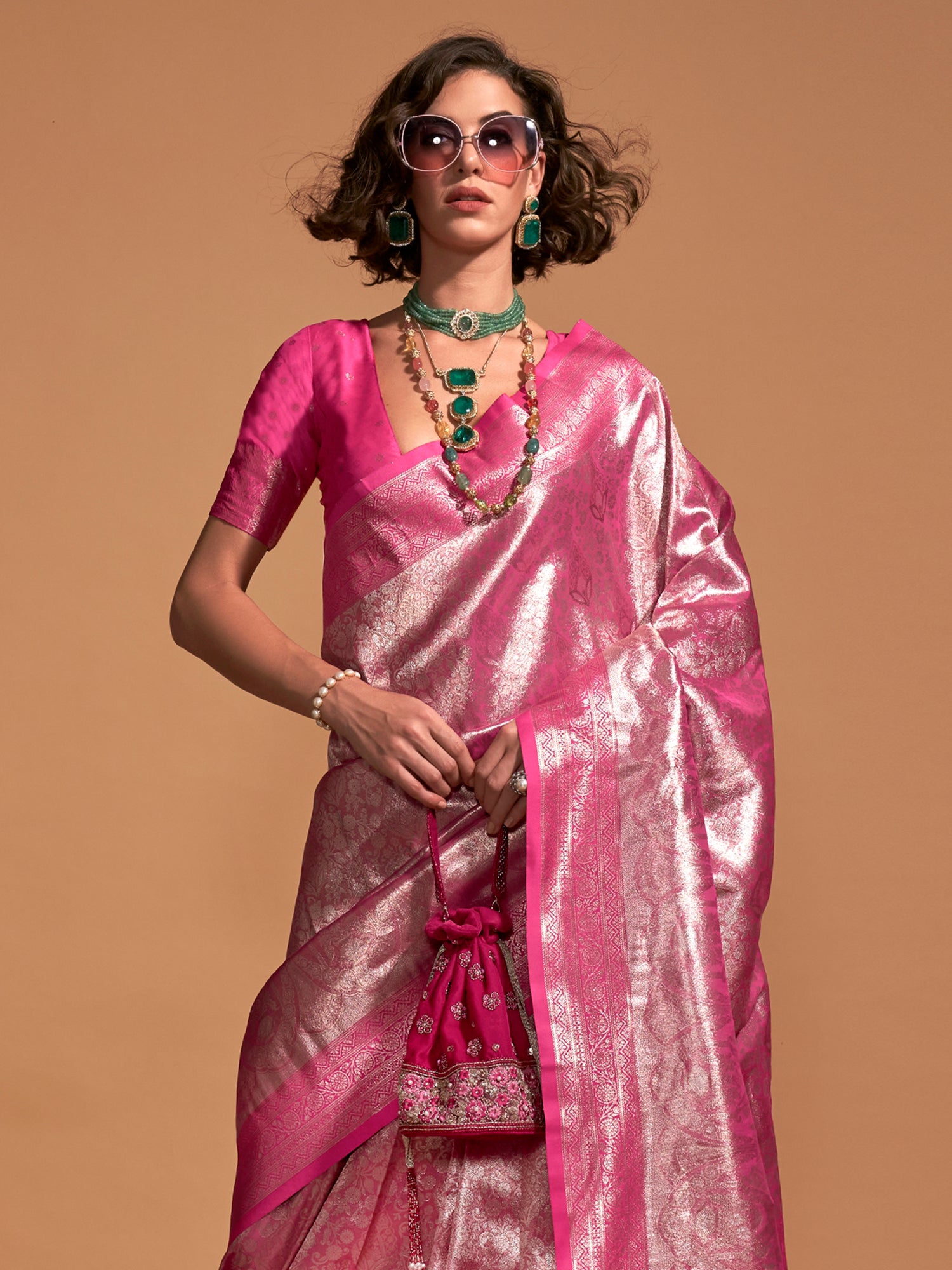 Kanjeevaram Silk Pink Woven Design Designer Saree With Blouse