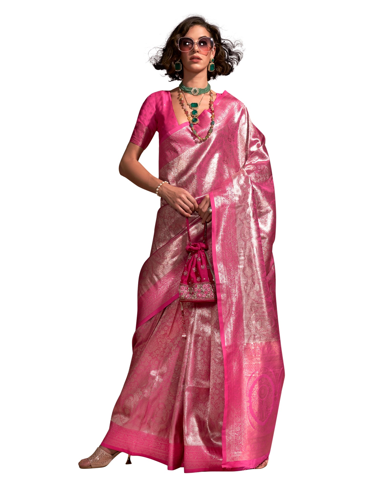 Kanjeevaram Silk Pink Woven Design Designer Saree With Blouse