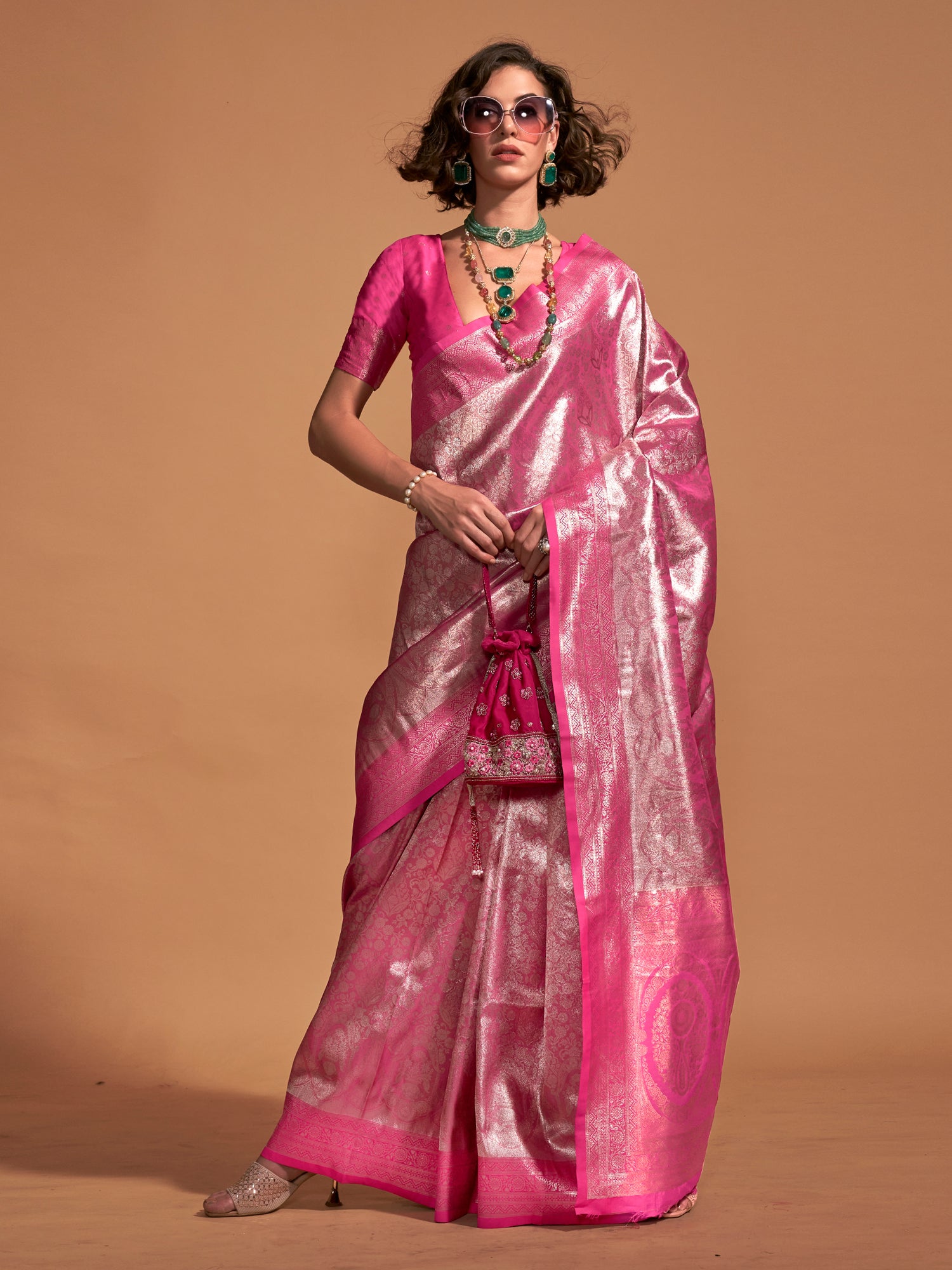 Kanjeevaram Silk Pink Woven Design Designer Saree With Blouse