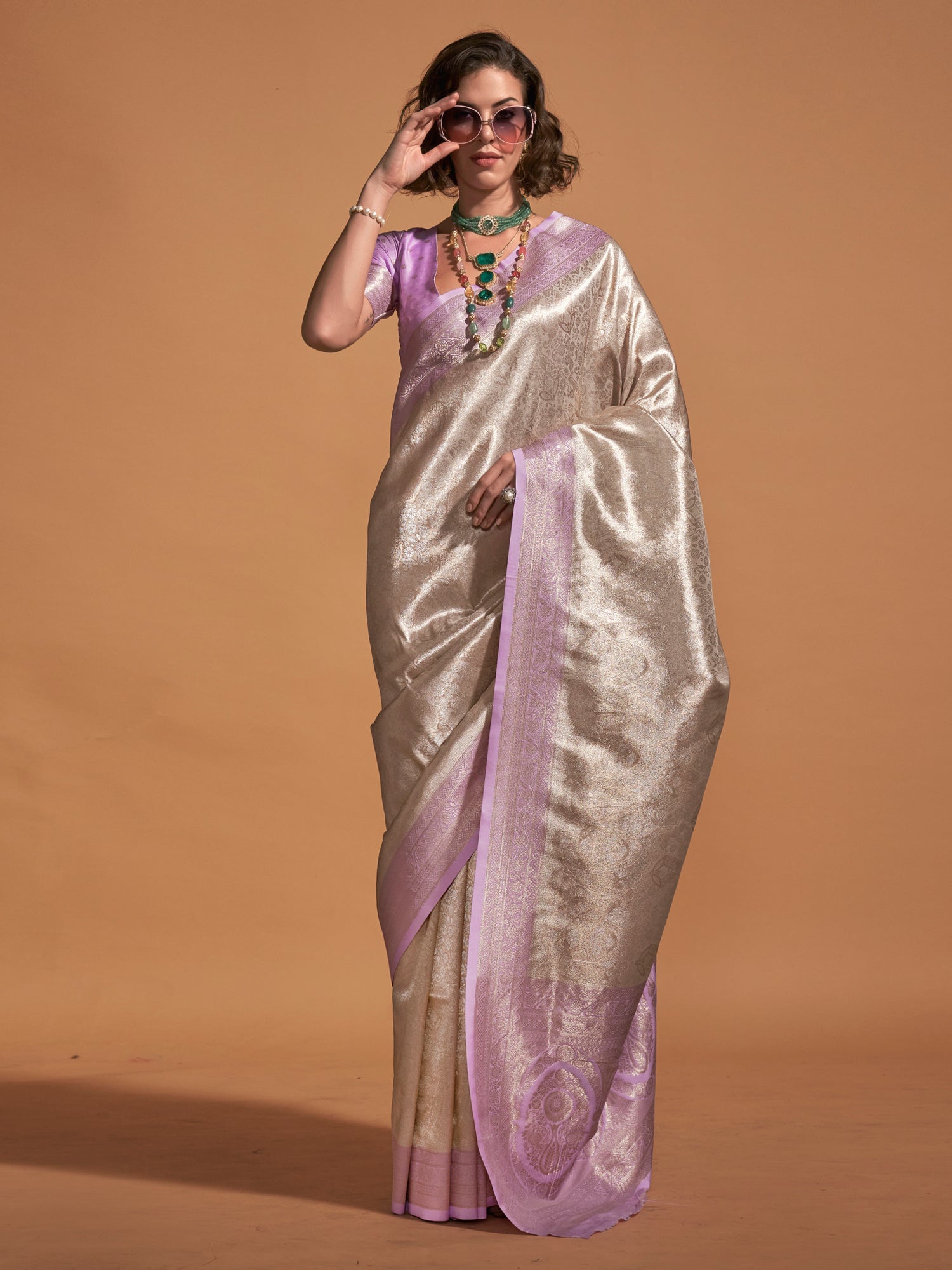 Kanjeevaram Silk Cream Woven Design Designer Saree With Blouse