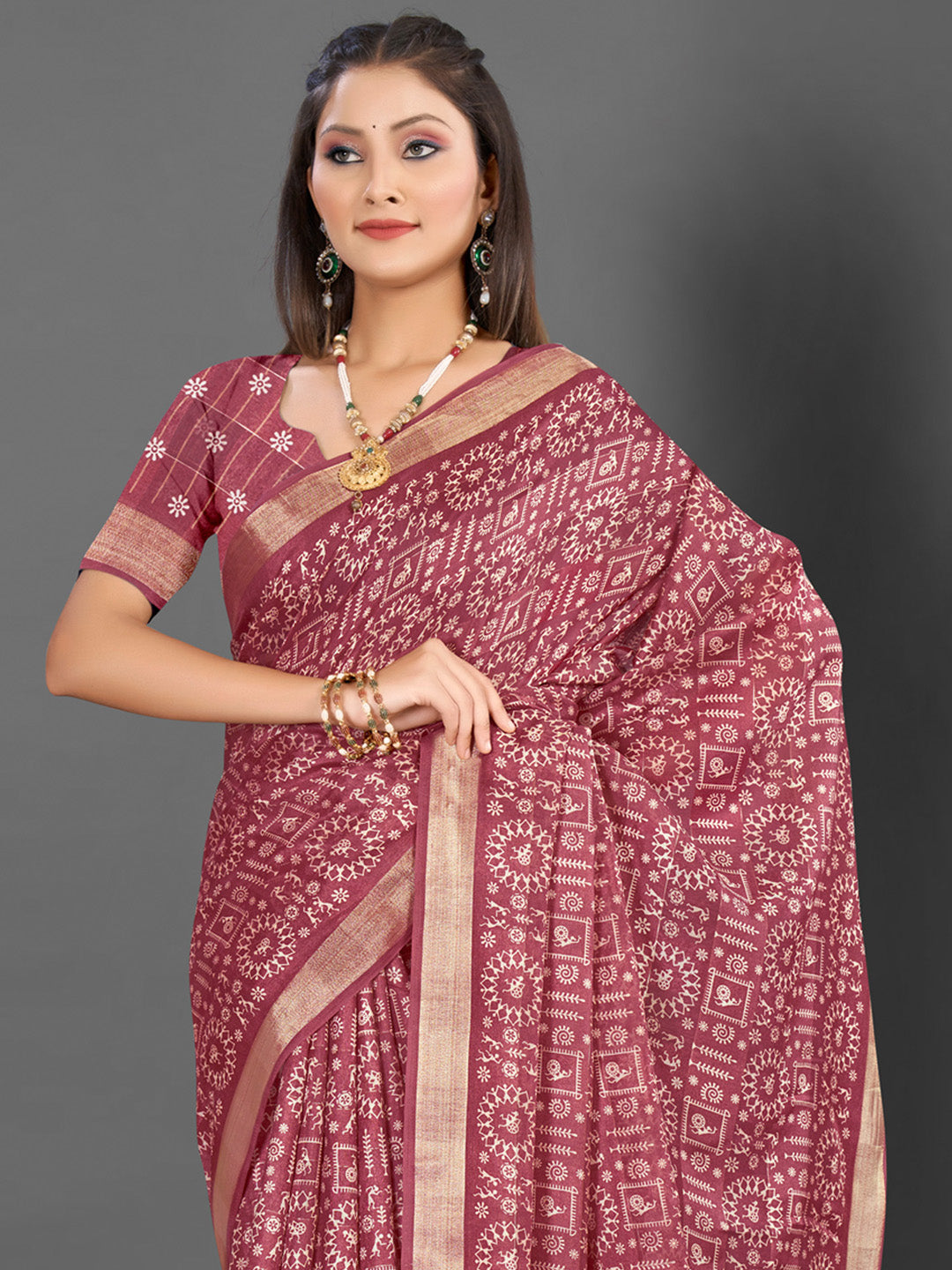 Silk Blend Rose Gold Printed Designer Saree With Blouse