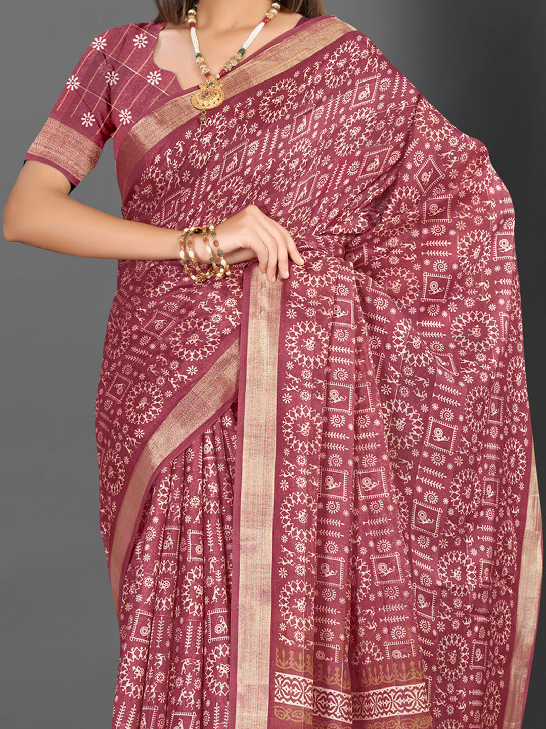 Silk Blend Rose Gold Printed Designer Saree With Blouse