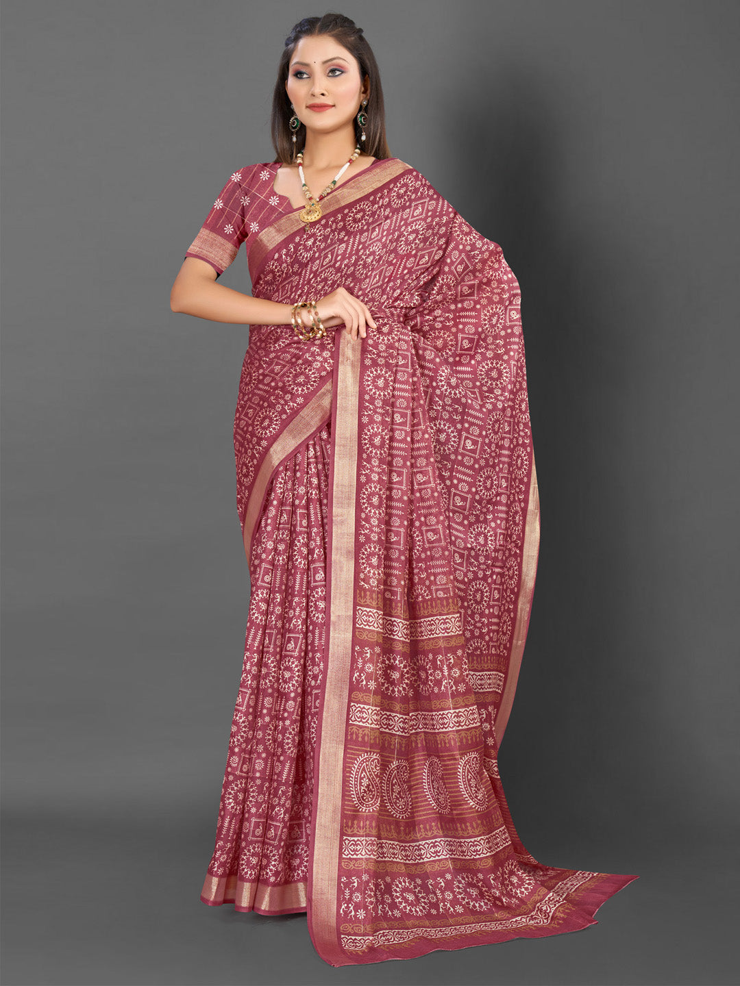 Silk Blend Rose Gold Printed Designer Saree With Blouse
