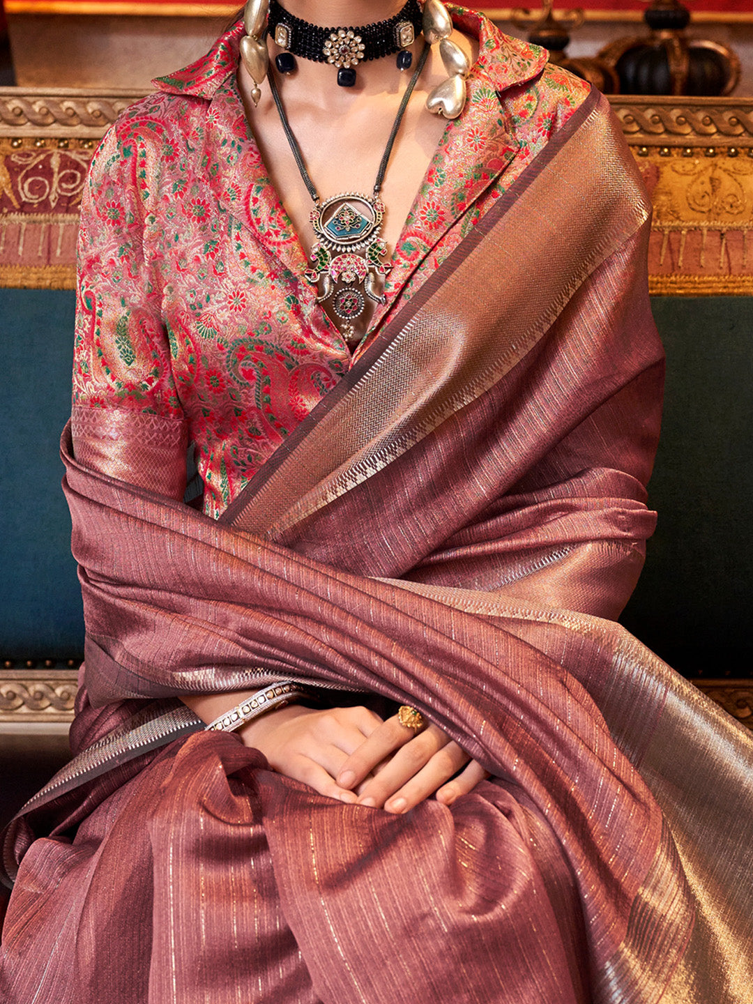 Chiffon Brown Woven Design Designer Saree With Blouse