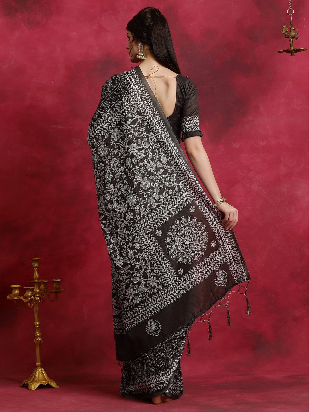 Manipuri Silk Black Printed Designer Saree With Blouse