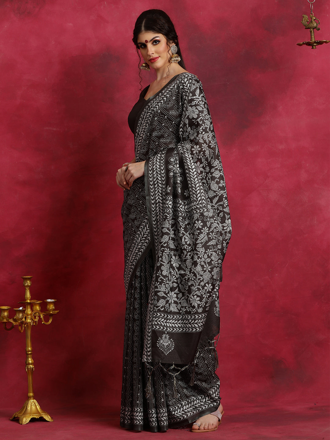 Manipuri Silk Black Printed Designer Saree With Blouse