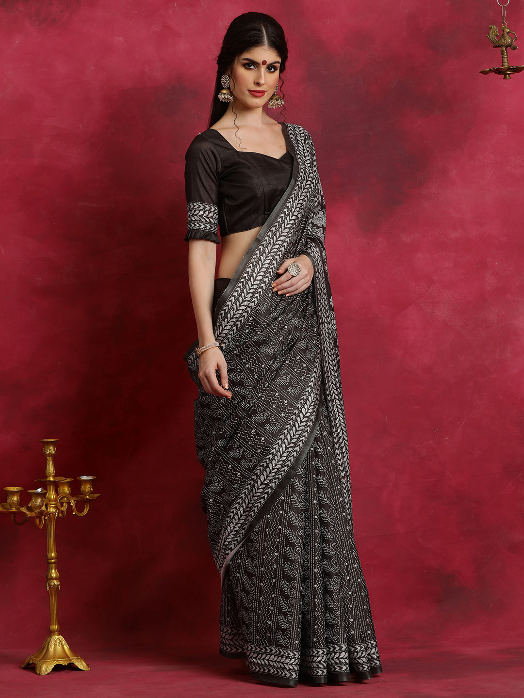 Manipuri Silk Black Printed Designer Saree With Blouse