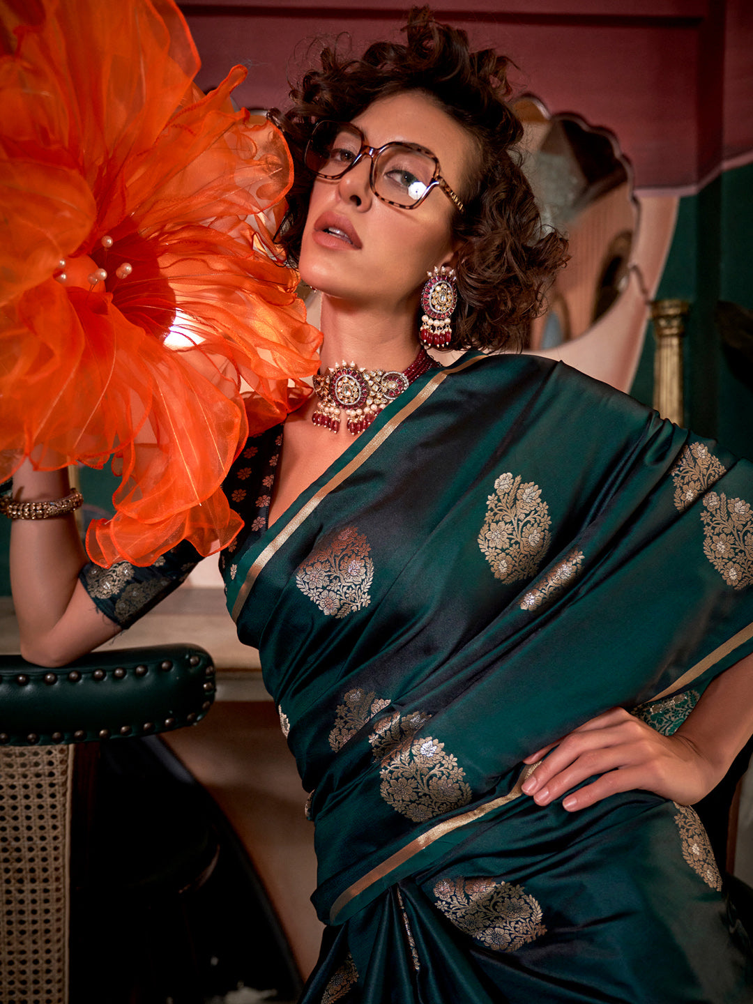 Satin Silk Dark Green Woven Design Designer Saree With Blouse