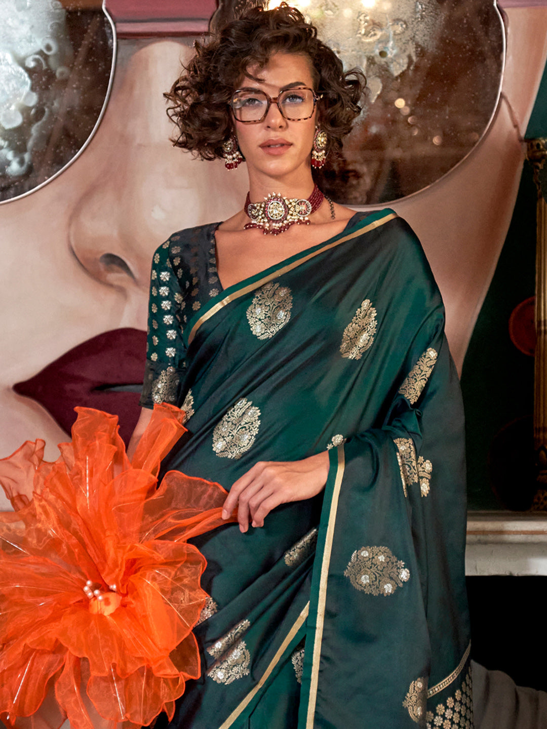 Satin Silk Dark Green Woven Design Designer Saree With Blouse