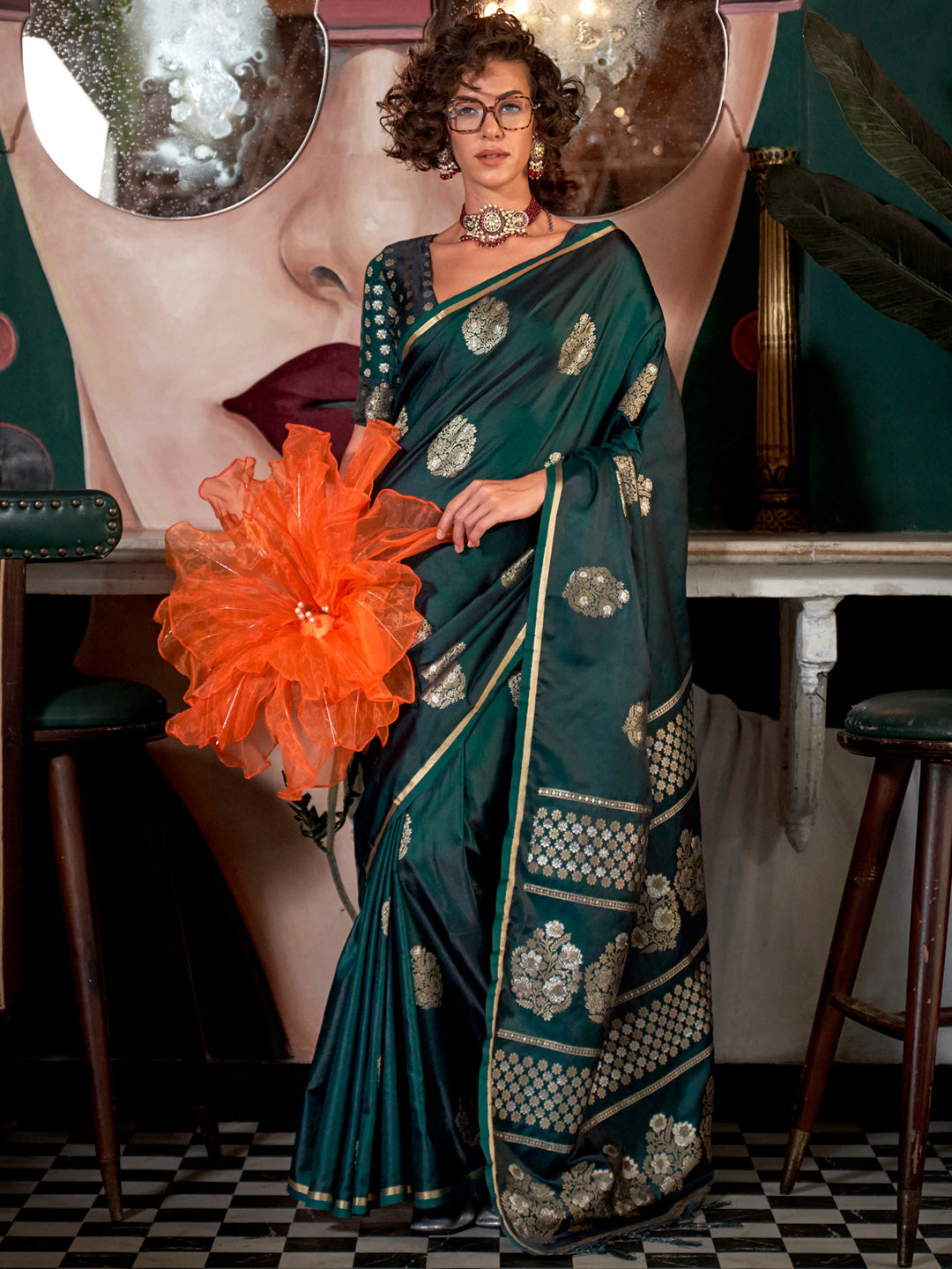 Satin Silk Dark Green Woven Design Designer Saree With Blouse