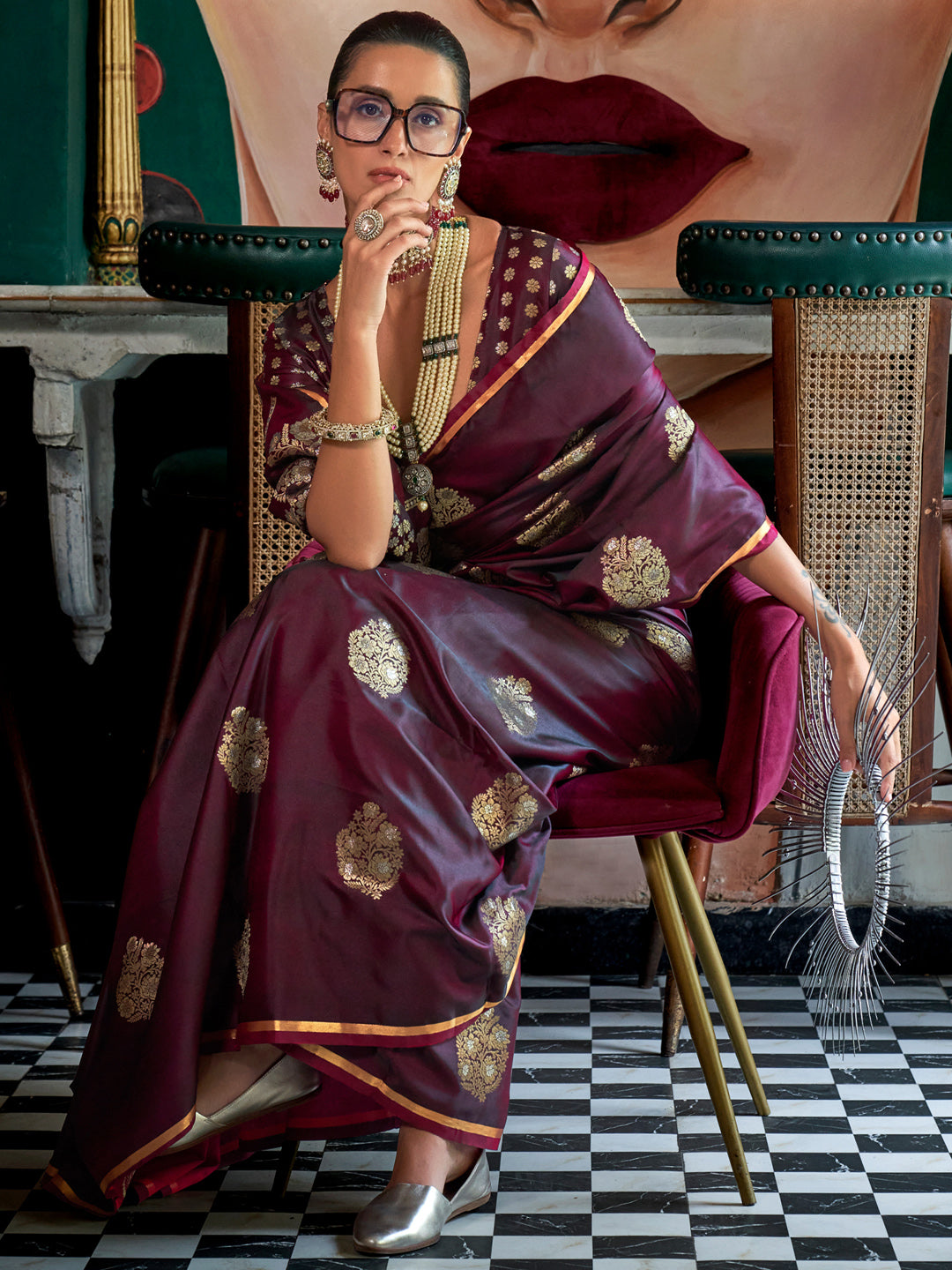 Satin Silk Burgundy Woven Design Designer Saree With Blouse