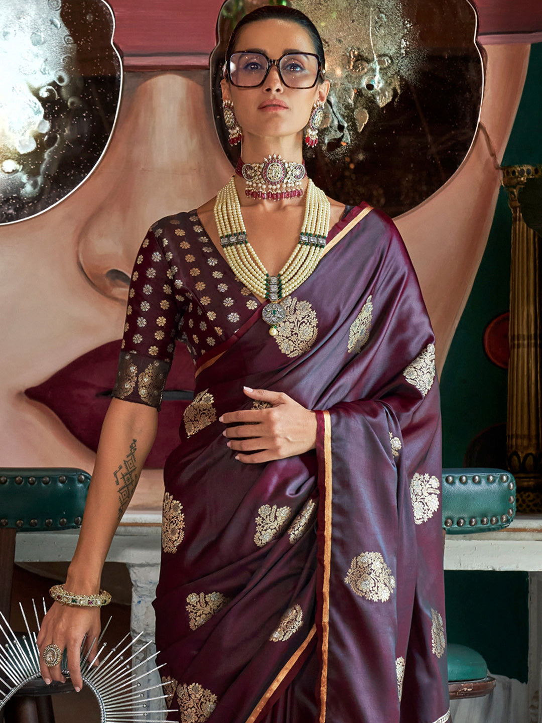 Satin Silk Burgundy Woven Design Designer Saree With Blouse