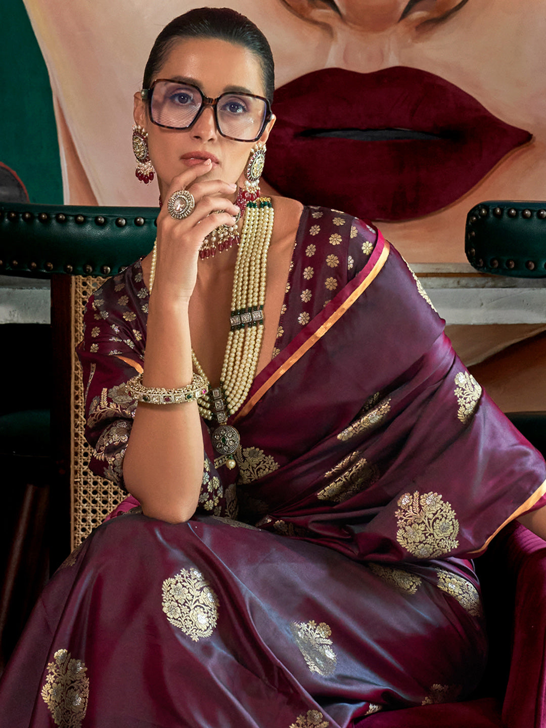 Satin Silk Burgundy Woven Design Designer Saree With Blouse