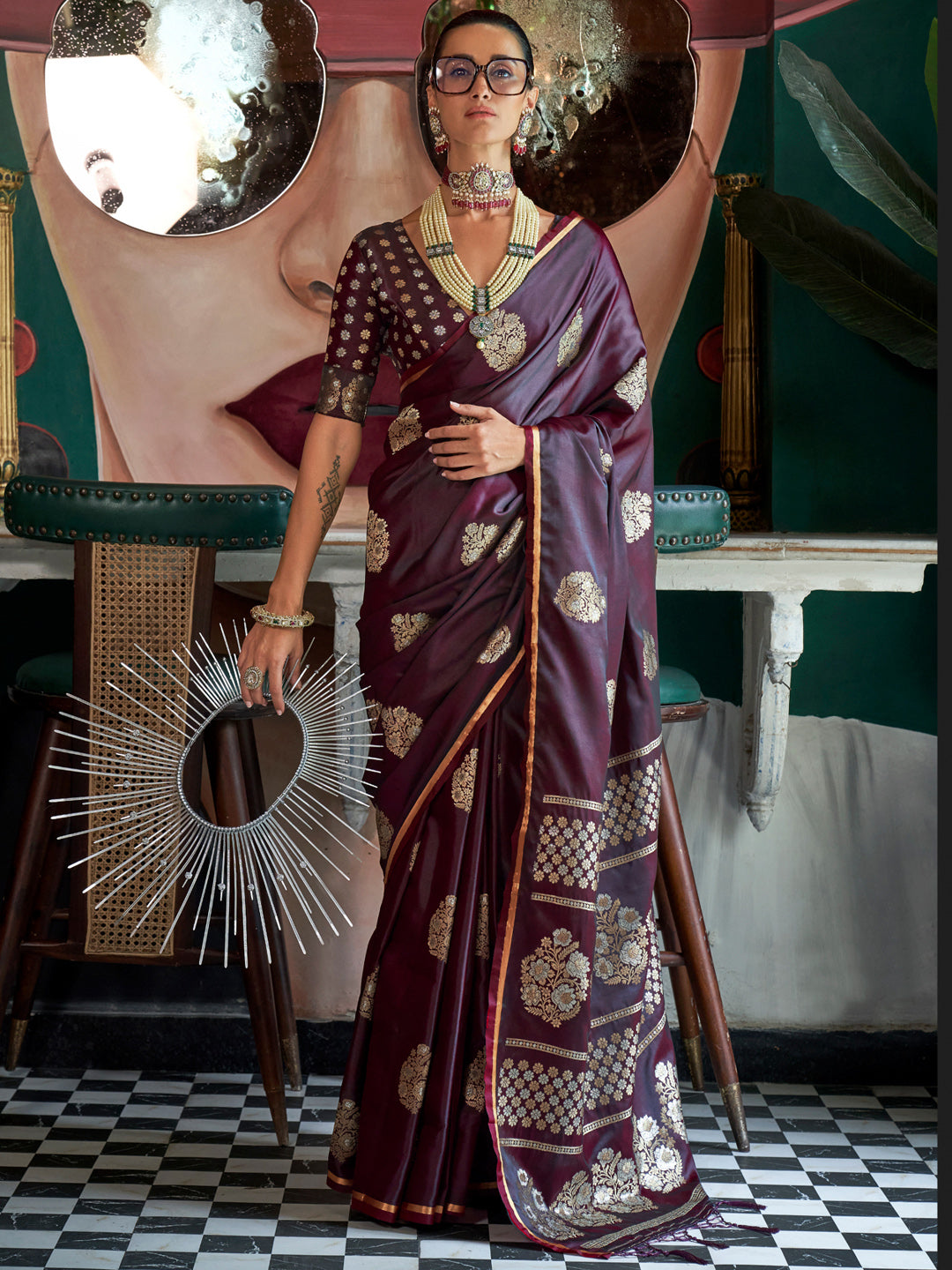 Satin Silk Burgundy Woven Design Designer Saree With Blouse