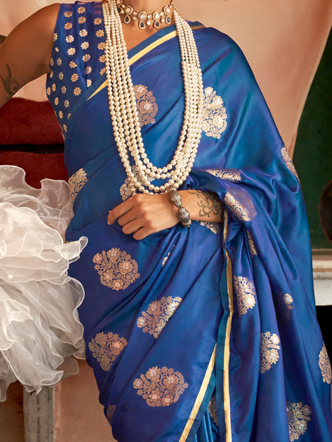 Satin Silk Blue Woven Design Designer Saree With Blouse