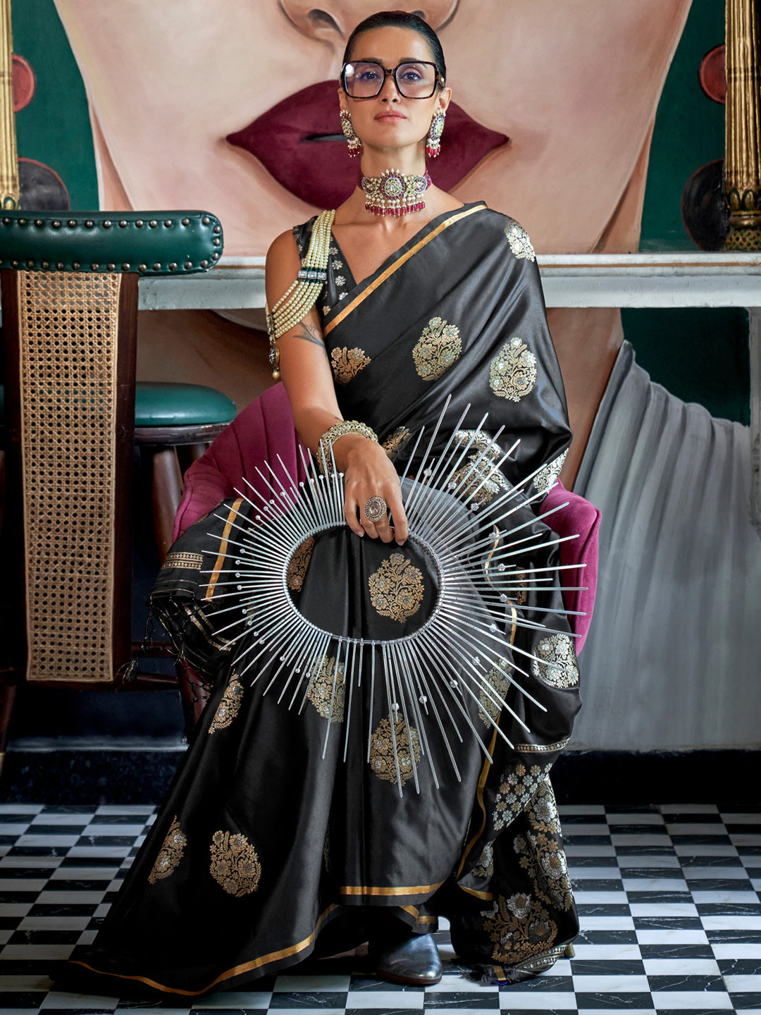 Satin Silk Black Woven Design Designer Saree With Blouse