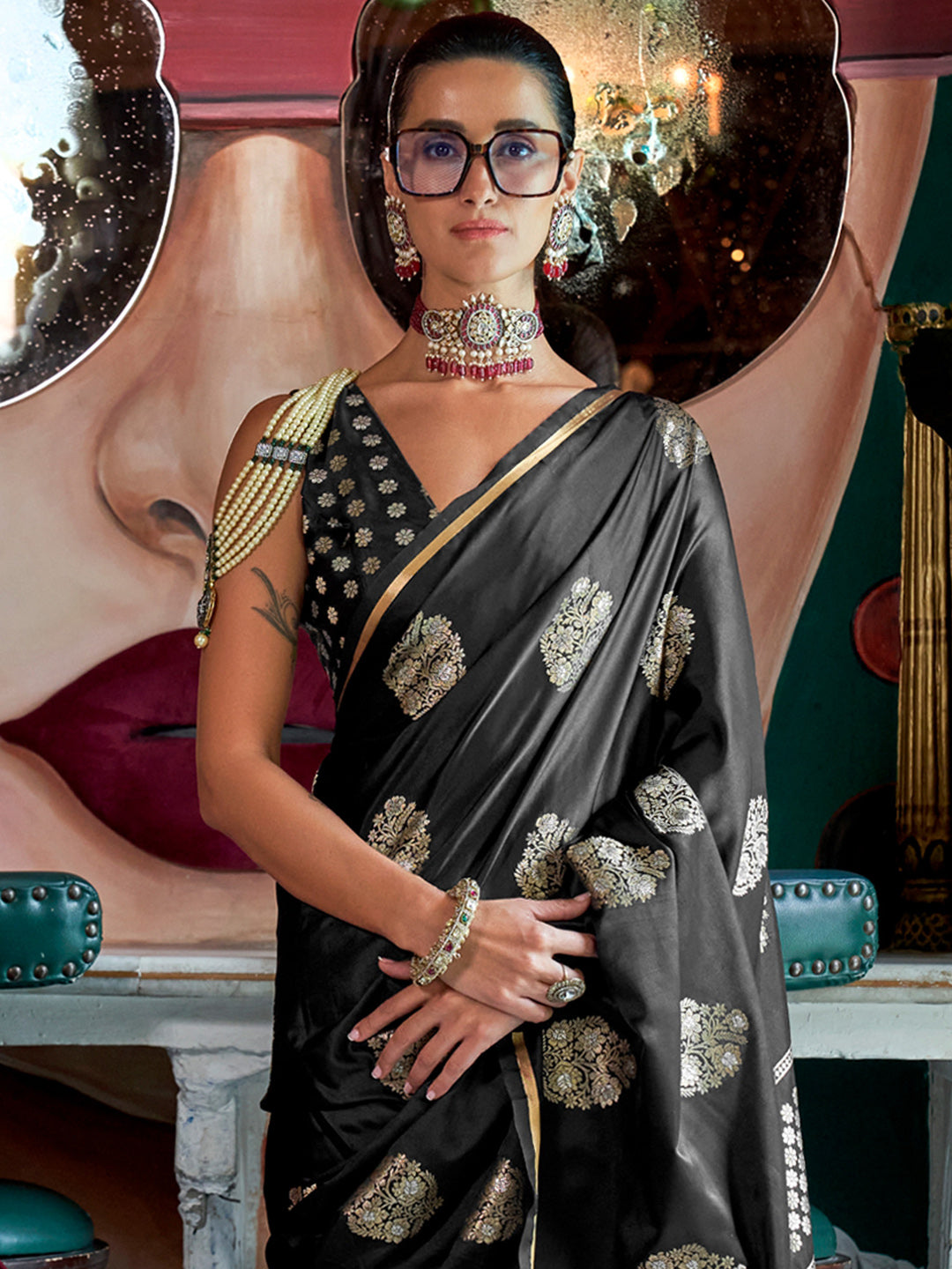 Satin Silk Black Woven Design Designer Saree With Blouse