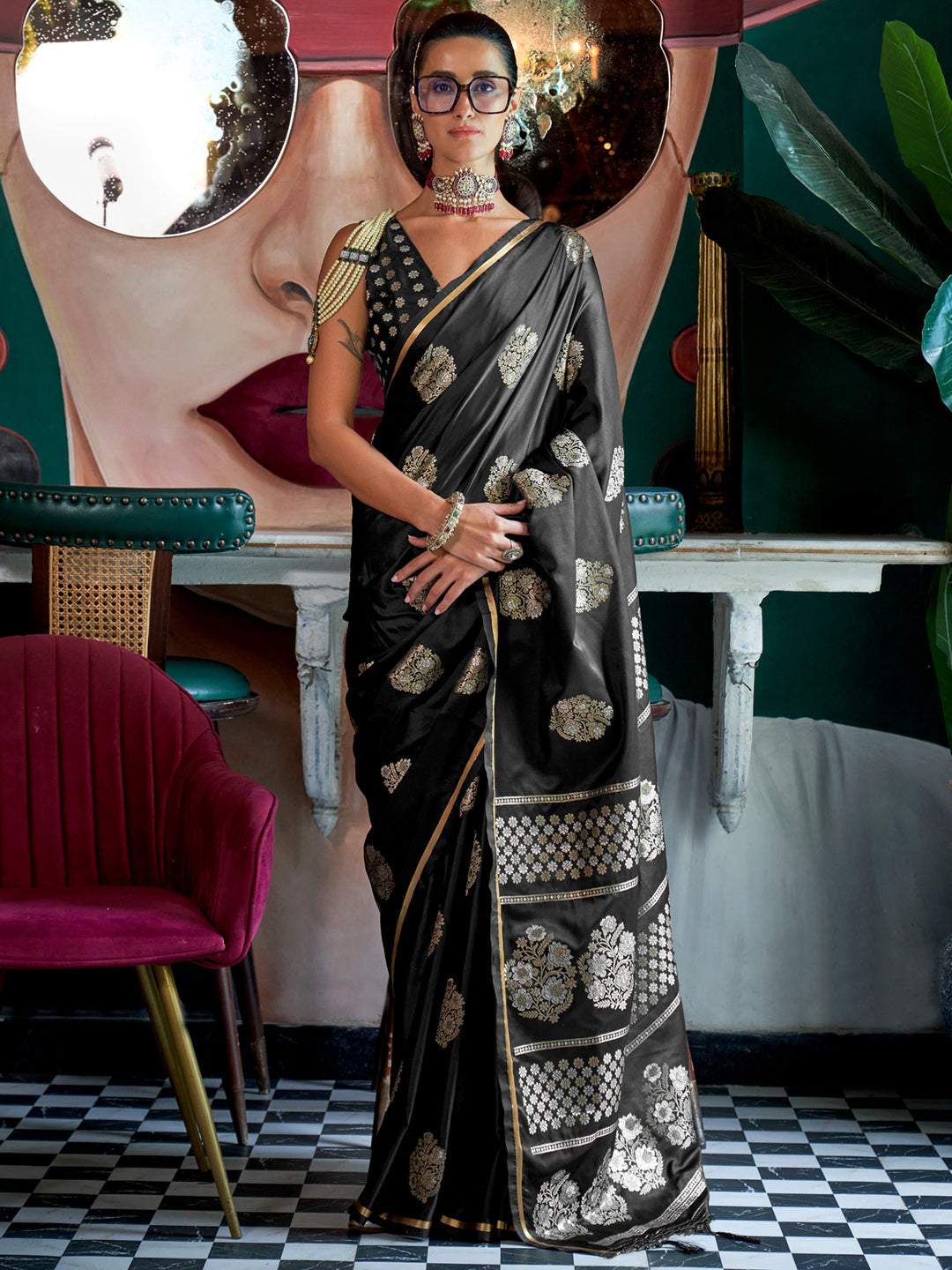 Satin Silk Black Woven Design Designer Saree With Blouse