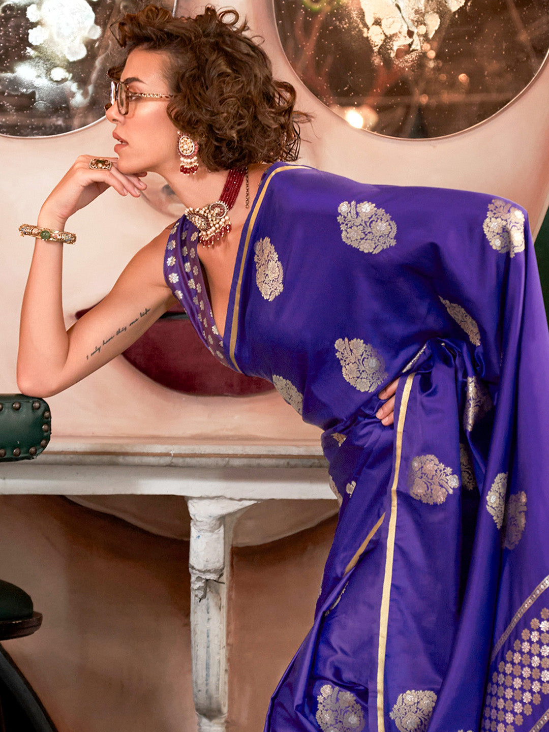 Satin Silk Purple Woven Design Designer Saree With Blouse