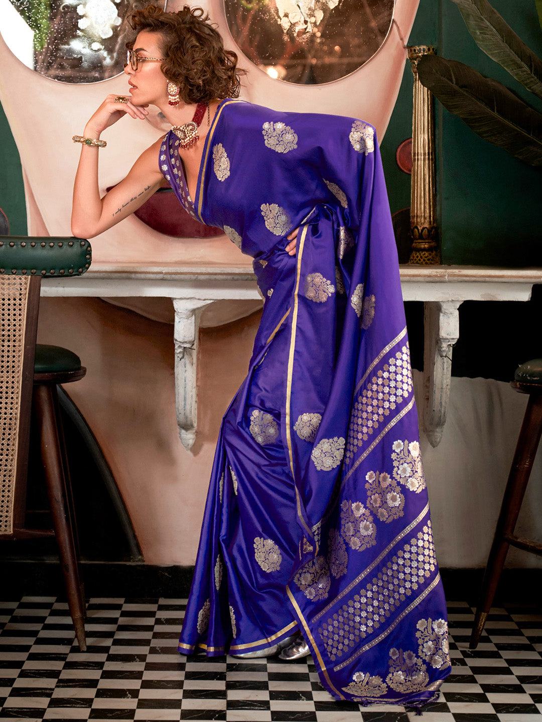 Satin Silk Purple Woven Design Designer Saree With Blouse