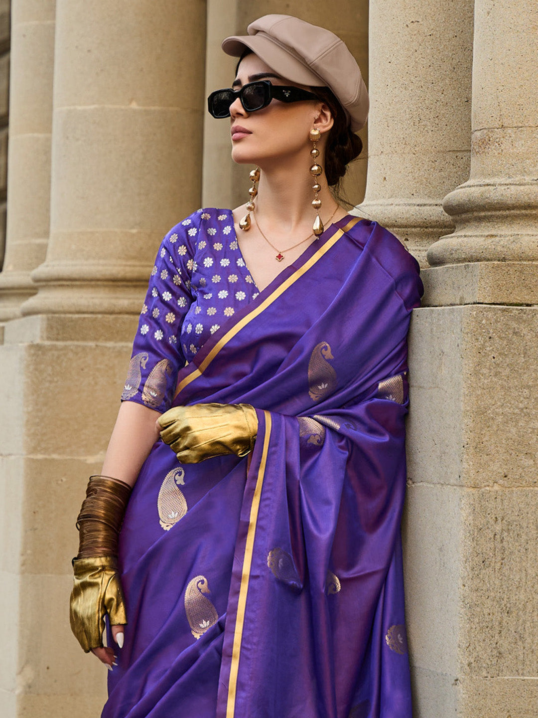 Satin Silk Purple Woven Design Designer Saree With Blouse