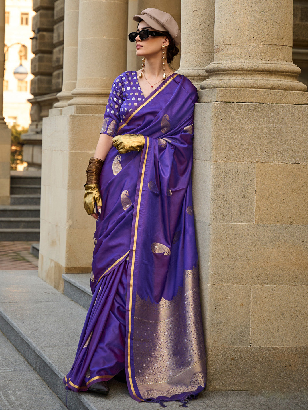 Satin Silk Purple Woven Design Designer Saree With Blouse