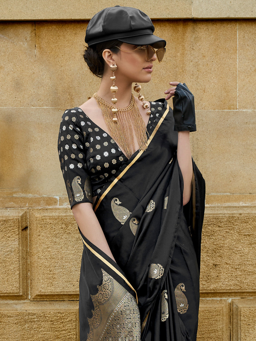 Satin Silk Black Woven Design Designer Saree With Blouse