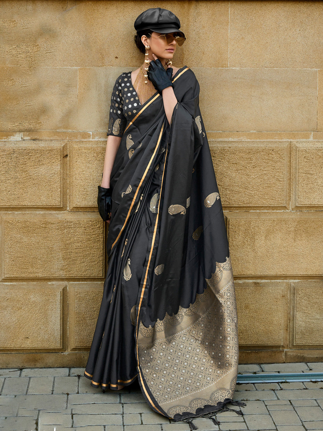 Satin Silk Black Woven Design Designer Saree With Blouse