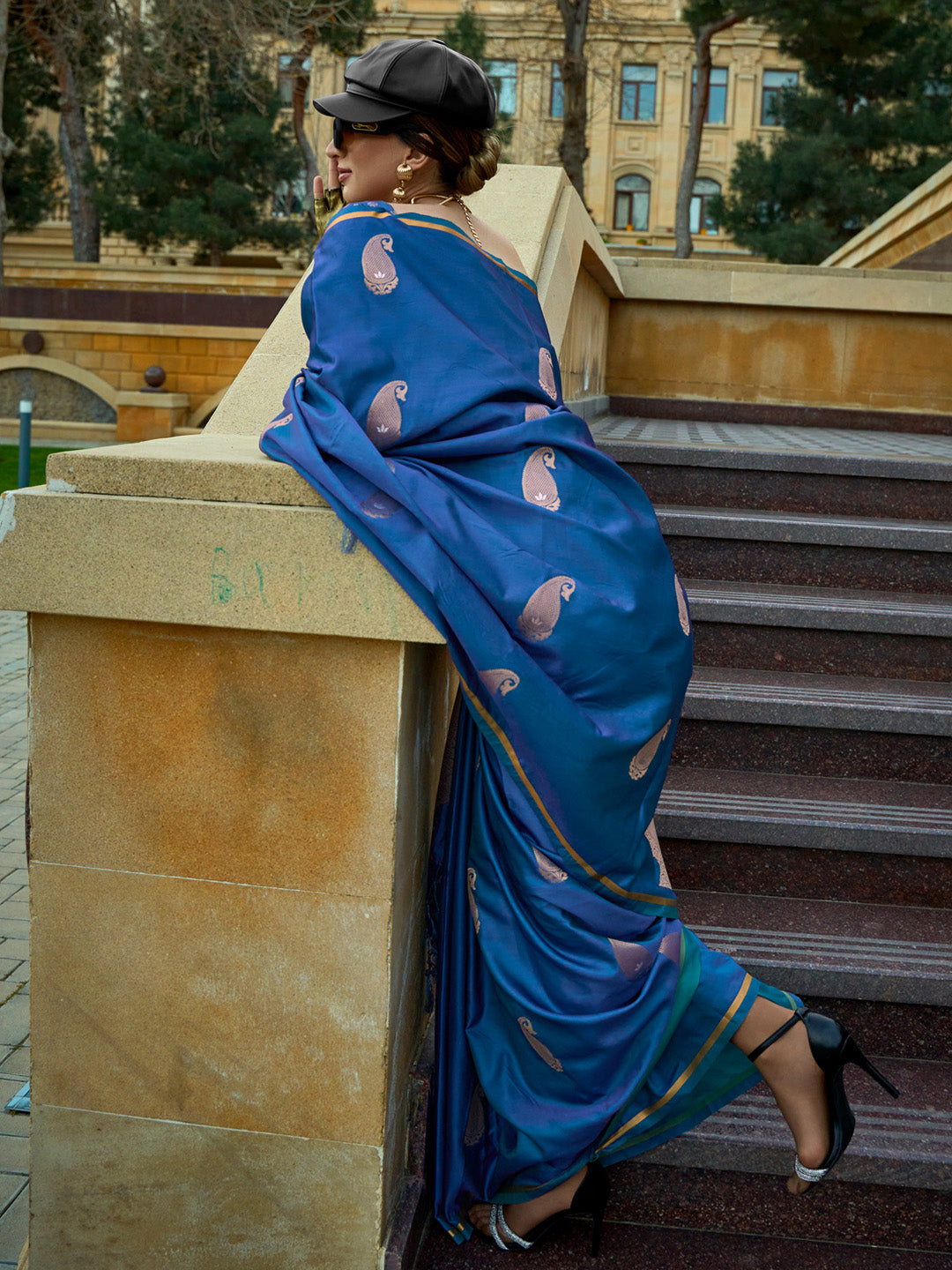 Satin Silk Blue Woven Design Designer Saree With Blouse