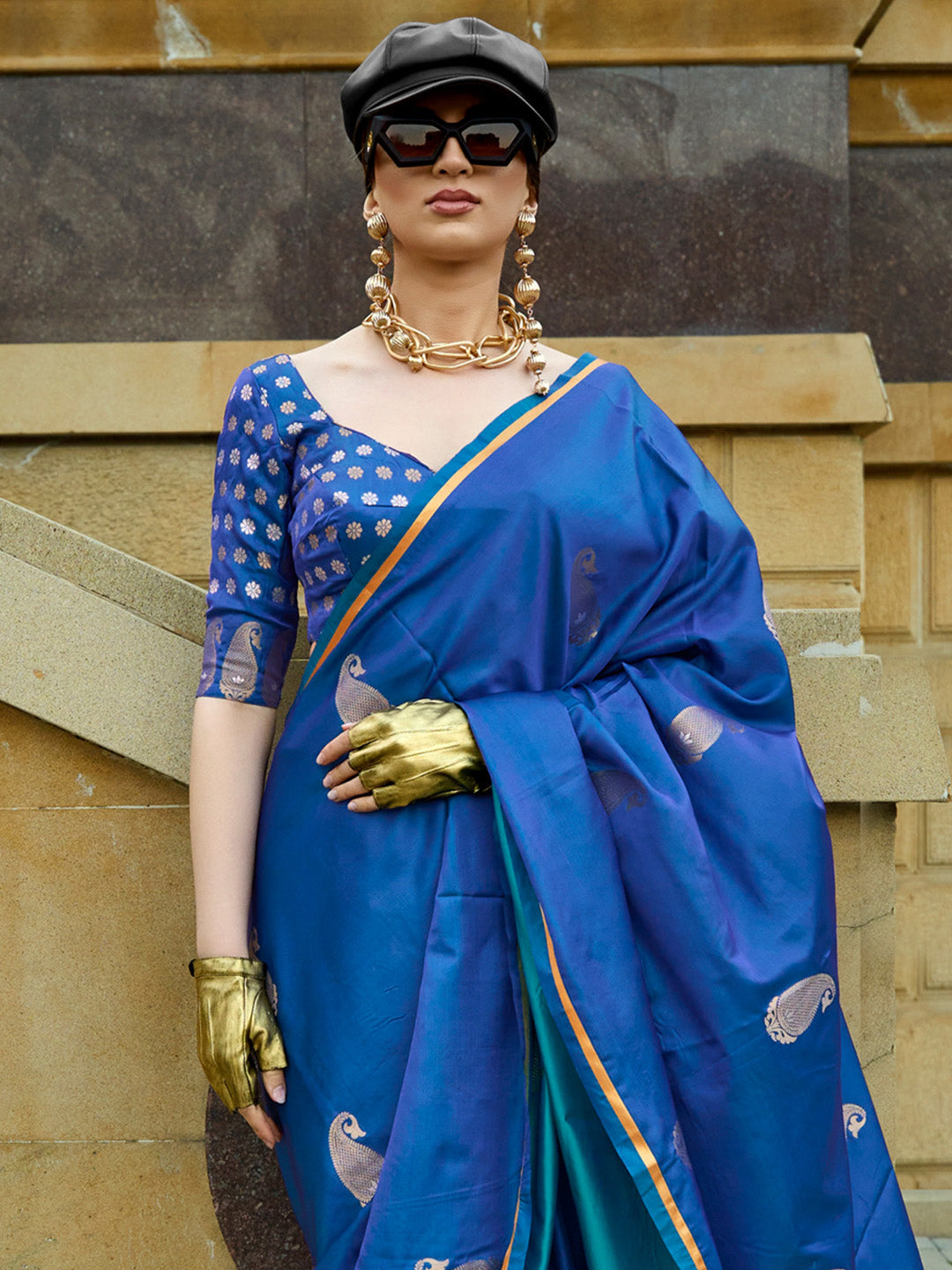 Satin Silk Blue Woven Design Designer Saree With Blouse