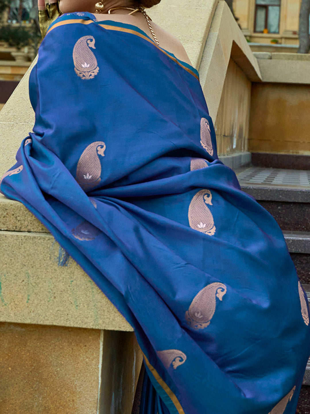 Satin Silk Blue Woven Design Designer Saree With Blouse