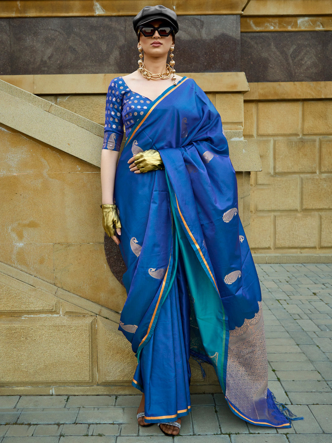 Satin Silk Blue Woven Design Designer Saree With Blouse