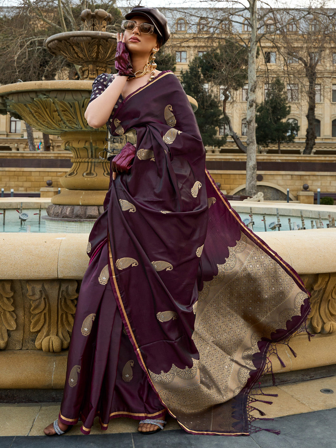 Satin Silk Burgundy Woven Design Designer Saree With Blouse