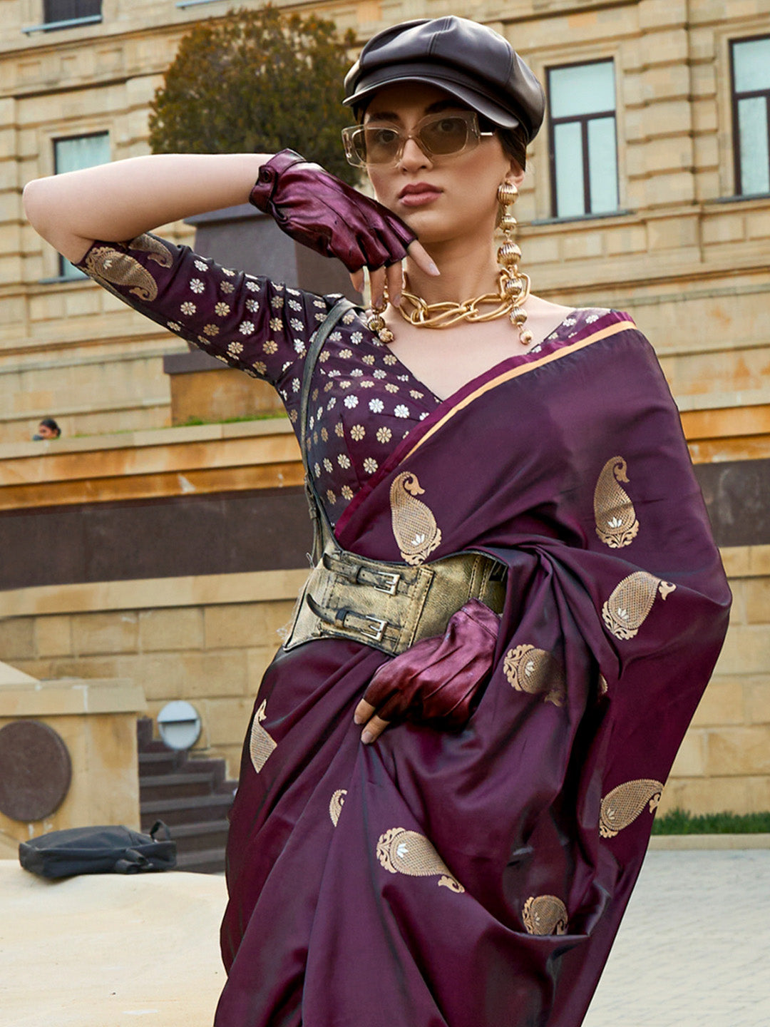 Satin Silk Burgundy Woven Design Designer Saree With Blouse