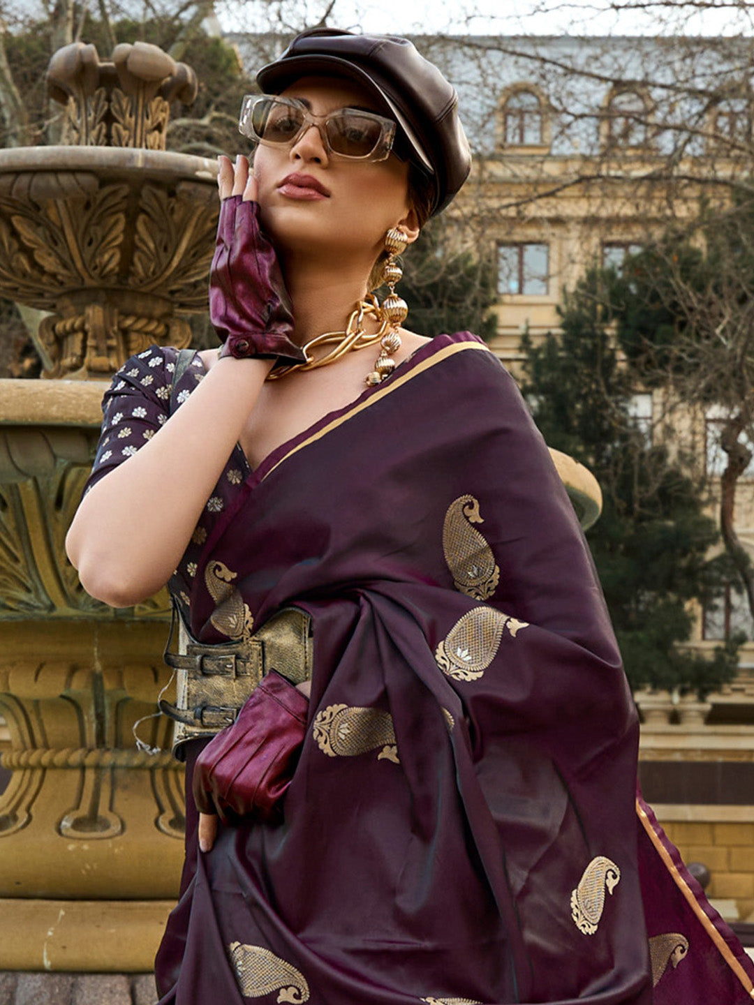 Satin Silk Burgundy Woven Design Designer Saree With Blouse