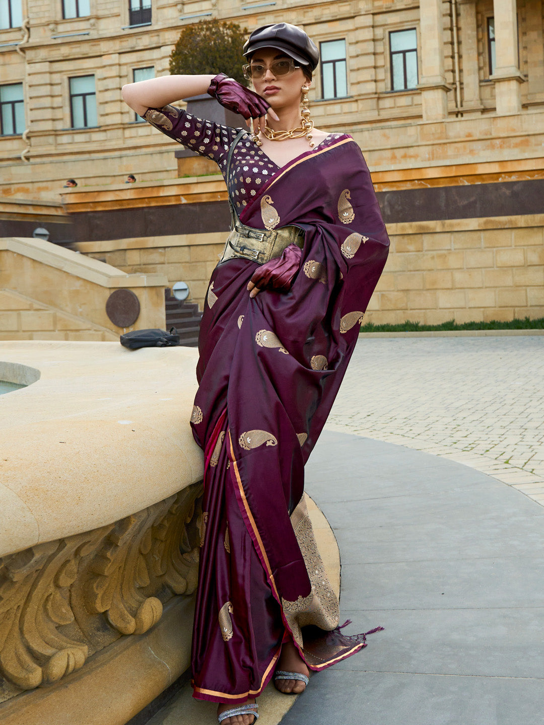 Satin Silk Burgundy Woven Design Designer Saree With Blouse