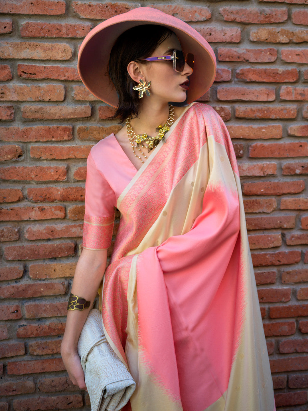 Soft Silk Cream Woven Design Designer Saree With Blouse